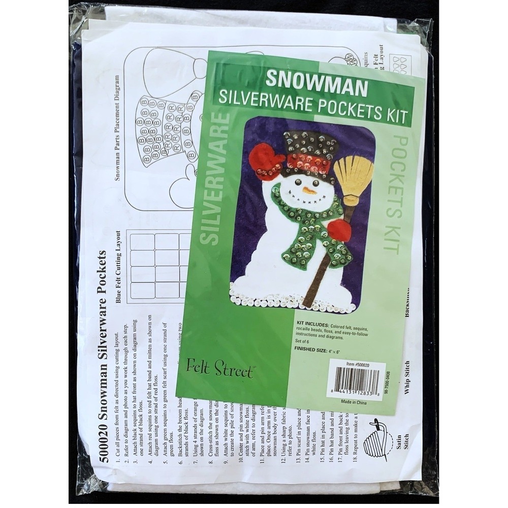 SNOWMAN Craft Sealed Felt Kit Beads Sequins makes 6 Flatware or Gift Pockets NOS